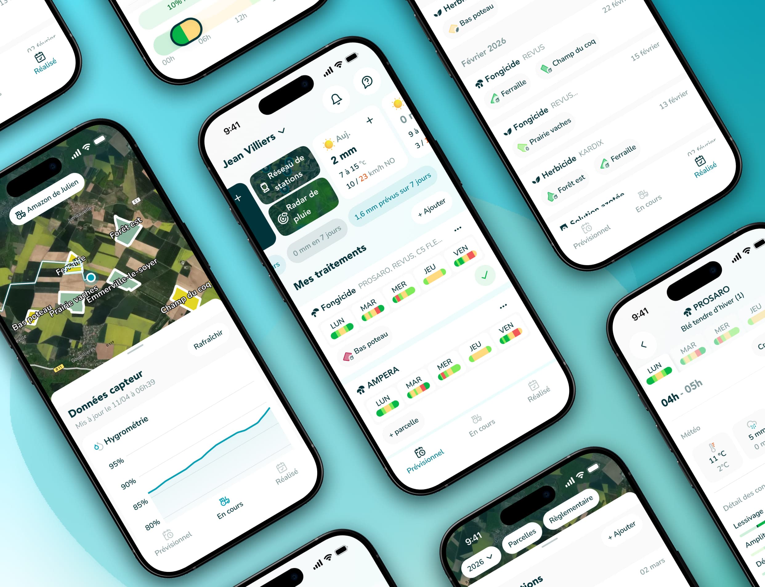 HYGO's mobile app across several screens: treatment planning, the field map, weather and sensor readouts