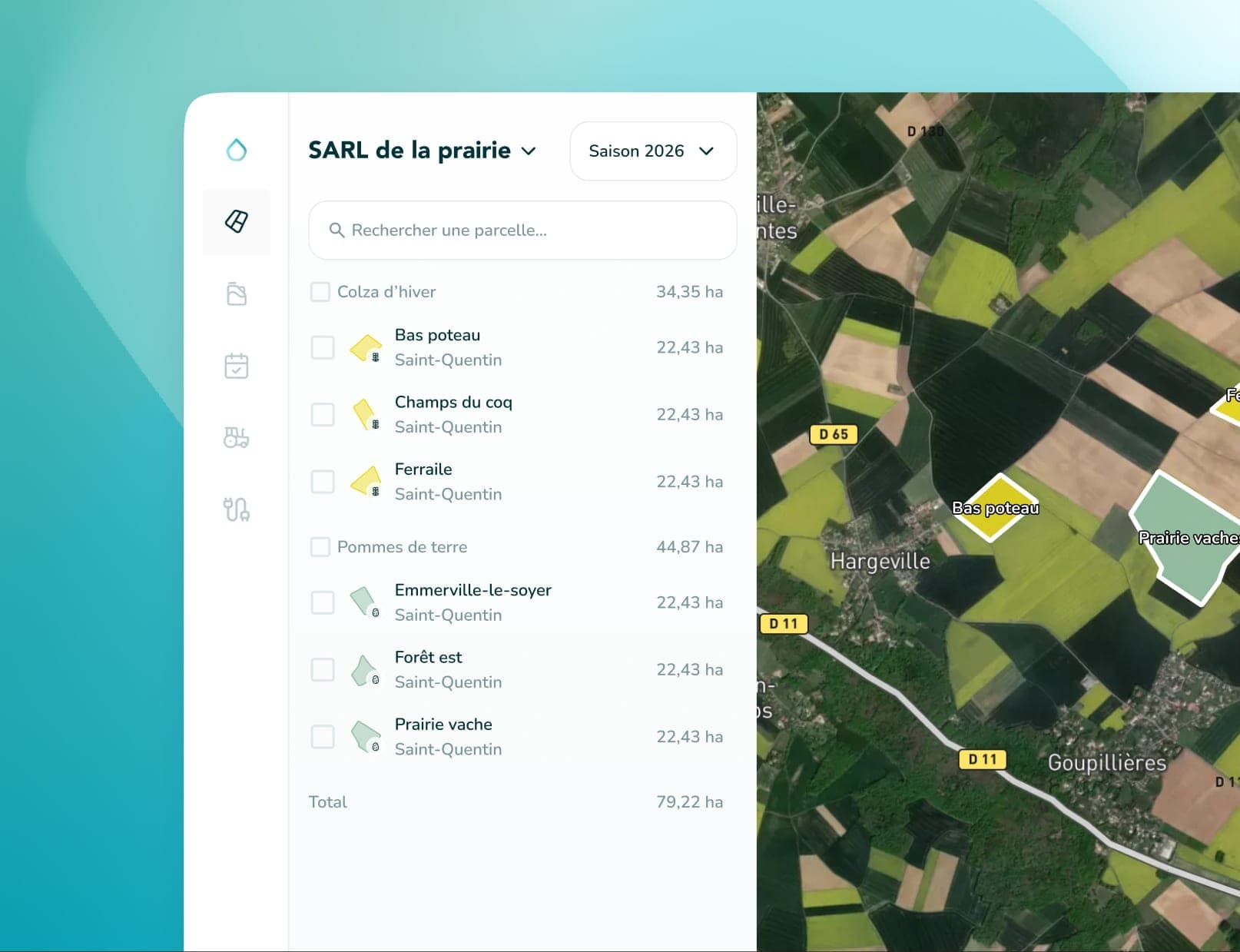HYGO's web app: the season's plots listed beside a satellite map of the farm