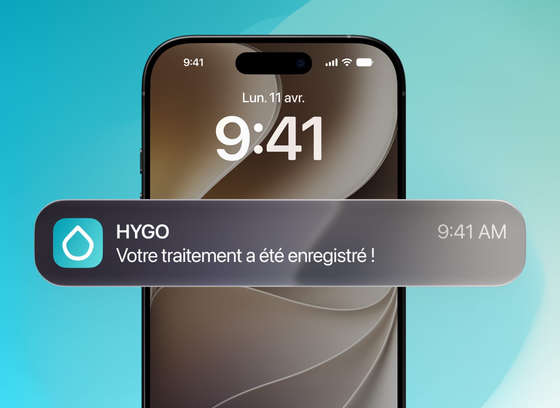 A lock-screen notification: the treatment has been logged.