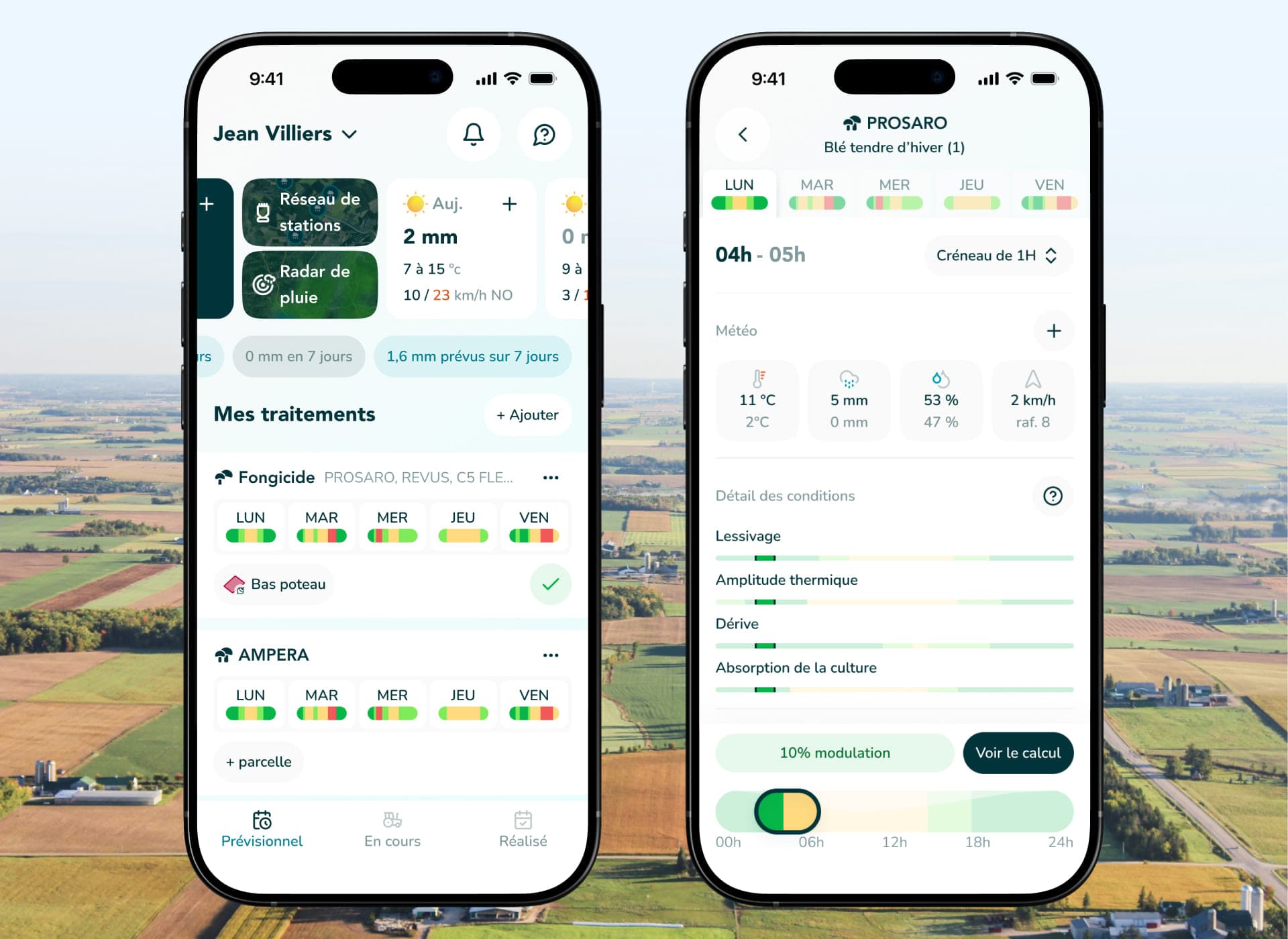 Two HYGO app screens over a field: the treatment plan and the timing calculation.