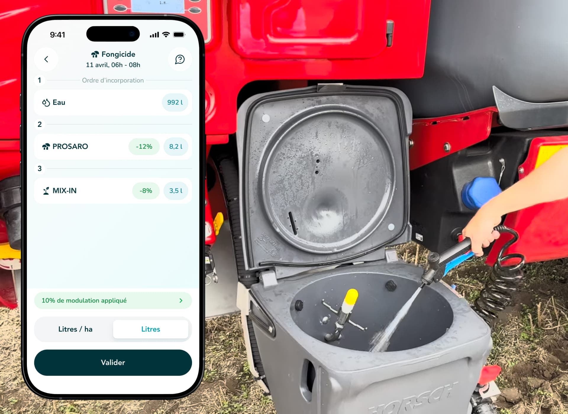 The pour order screen beside the sprayer tank being filled with water.