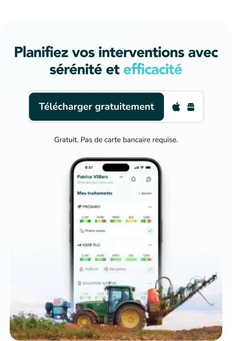 The same column after the rebuild: a card headed Planifiez vos interventions avec sérénité et efficacité, a download button, App Store and Play Store badges, and a screenshot of the planning screen over a photograph of a sprayer at work.