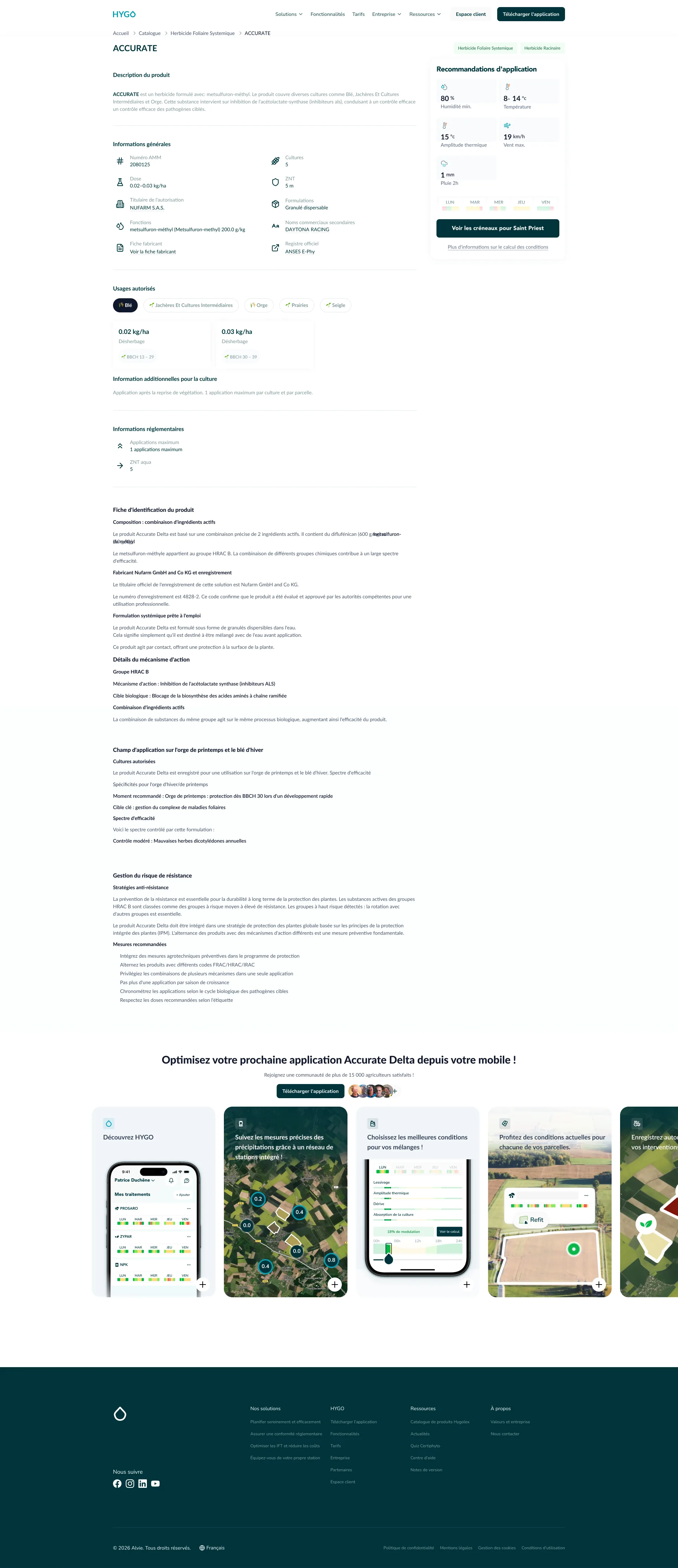 The catalogue product sheet before the rebuild, at full length: description, general information, authorised uses and regulatory text down the left, a weather panel in the right-hand column, and the application appearing once near the bottom.